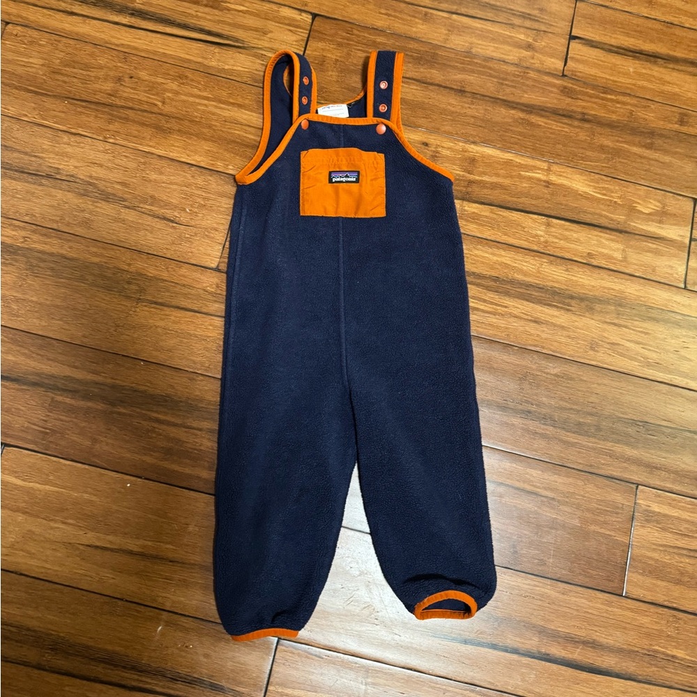 Patagonia Kids Fleece Overalls in Navy and Orange